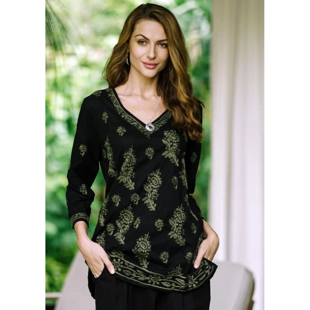 Novica Black‎ & Sage Green LG Cotton Tunic with Hand Embroidered Details Boho